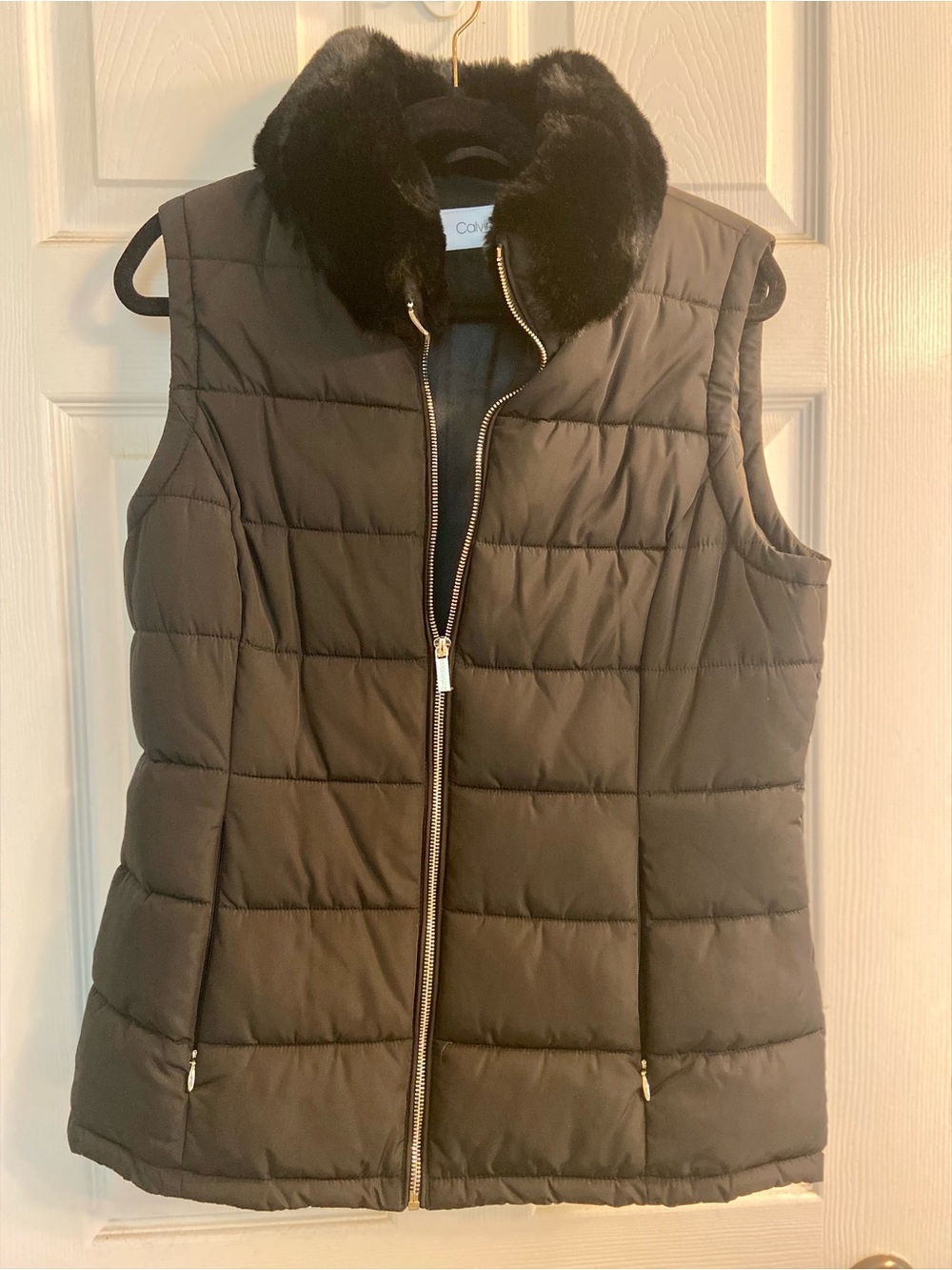 Calvin Klein Quilted Black Faux-Fur Collar Puffer Vest